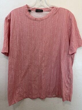 Saks Fifth Avenue Rose Pink Short-Sleeve Striped shirt XL 100% cotton scoop neck